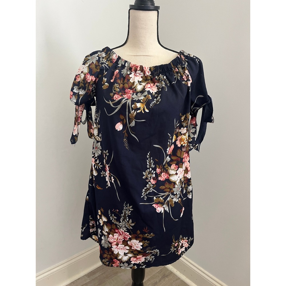 Navy Blue Floral Off the Shoulder Mini Dress Small Tie Sleeve Boho Chic Summer - Picture 2 of 7